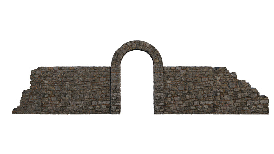 Old ruined medieval stone wall and arch. Isolated 3D rendering.