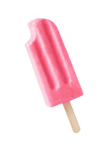 Bitten pink fruit and berry popsicle isolated on white background. Watermelon, strawberry and raspberry flavor