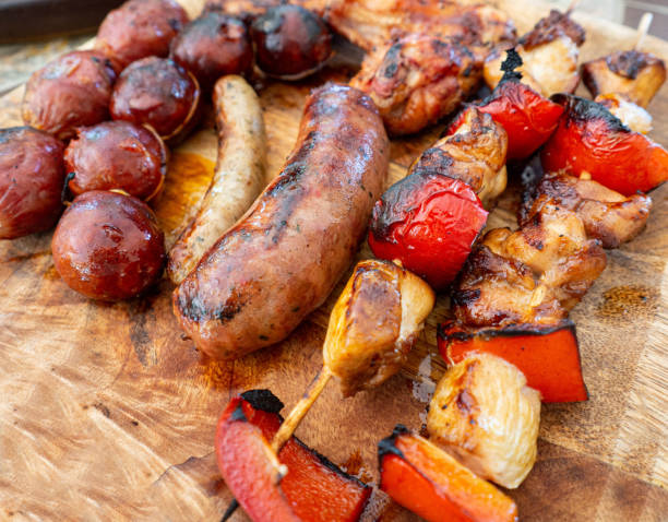 Grilled sausages. Summer holidays in Spain