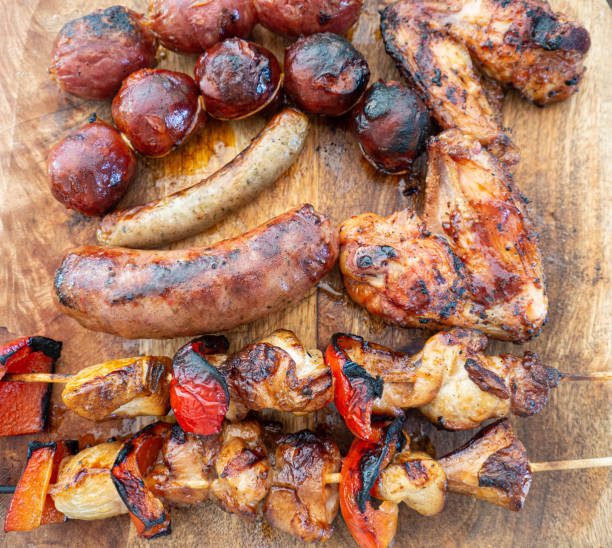 Grilled sausages. Summer holidays in Spain