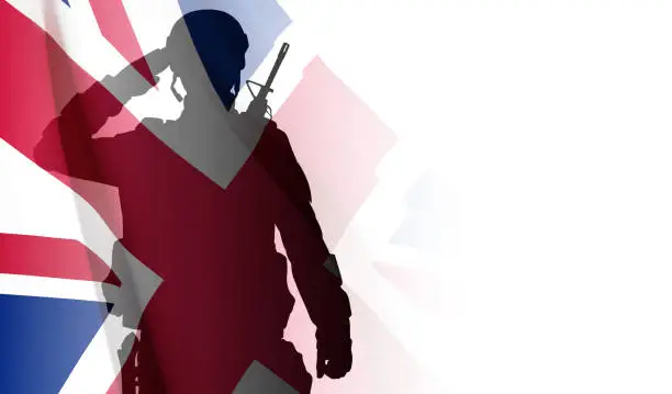 Vector illustration of Silhouette of a soldier with United Kingdom flag