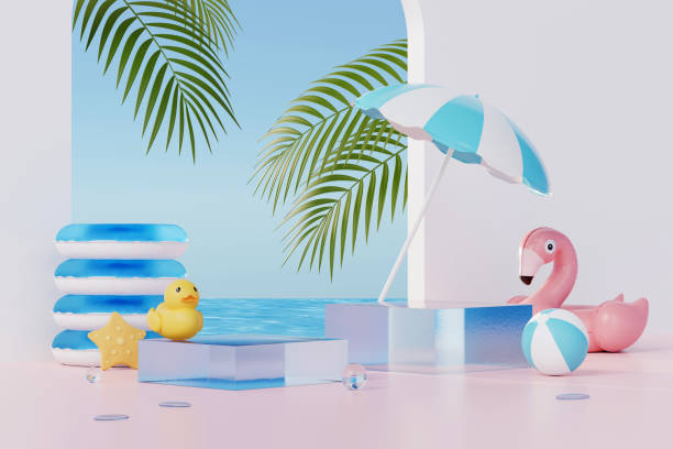 istock 3D render Summer vacation abstract product display, Minimal Realistic Display Podium in the blue ocean sea background concept, Cosmetics with tropical summer island, umbrella, inflatable ring. 1499762100