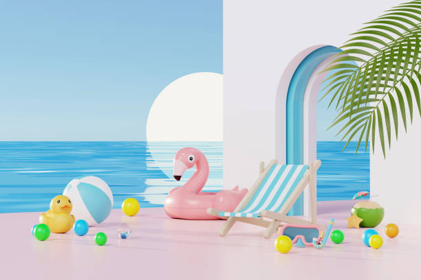 istock 3D render Summer vacation abstract product display, Minimal Realistic Display Podium in the blue ocean sea background concept, Cosmetics with tropical summer island, umbrella, inflatable ring. 1499762104