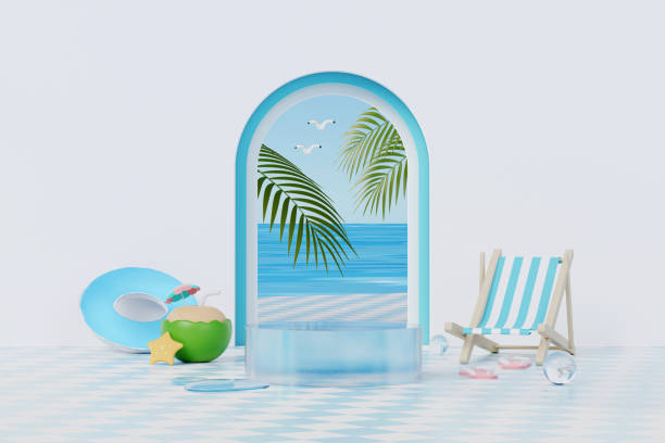 istock 3D render Summer vacation abstract product display, Minimal Realistic Display Podium in the blue ocean sea background concept, Cosmetics with tropical summer island, umbrella, inflatable ring. 1499762112