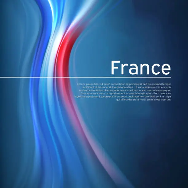 Vector illustration of France abstract flag background. Blurred pattern of light colors lines of the french flag in the blue sky, business brochure design. State banner, france poster, patriotic flyer, cover. Vector