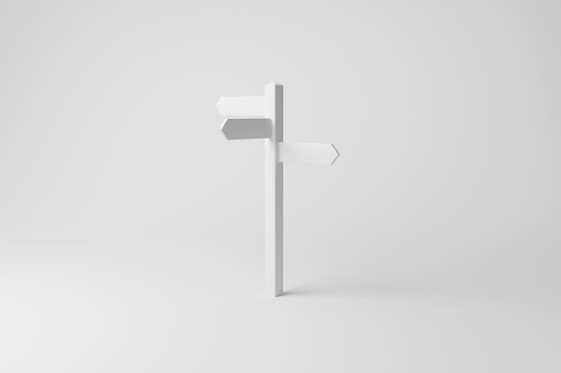 White finger post sign on white background in monochrome and minimalism. Illustration of the concept of literal directions, business strategies and investment directions
