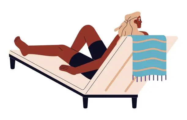 Vector illustration of Happy man lying on chaise lounge and chilling. Guy relaxing, sunbathing on deck chair on summer holidays, vacation. Boy resting on beach sunbed. Flat vector illustration isolated on white background