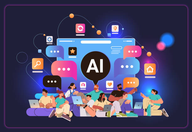 mix rasových lidí chatujících na sociálních médiích s ai pomocníkem robota generování profilu koncept digitální komunikace - generace z stock ilustrace