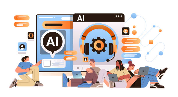 businesspeople technical team using computer app with ai helper bot customer service call center support concept vector art illustration