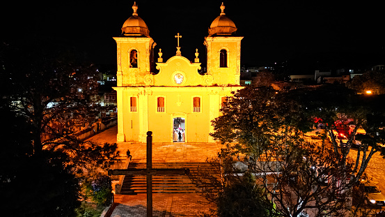 Church in a yellow beautiful night square.