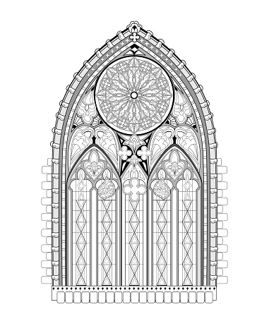 Beautiful Gothic stained glass window from French church with rose. Black and white drawing for coloring book. Medieval architecture in western Europe. Worksheet for children and adults. Vector image.