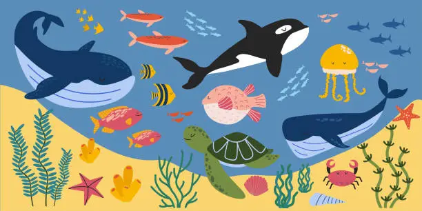 Vector illustration of Big vector set of the underwater world. Horizontal banner of cave seabed with sea animals. Fish, whales, crab, algae. Marine life.  Flat style collection of ocean inhabitants.