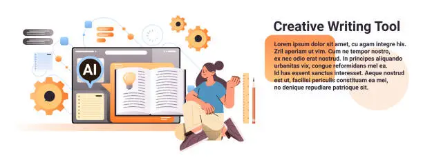 Vector illustration of woman studying and writing down new ideas investigations in computer app with ai helper bot creative writing tool
