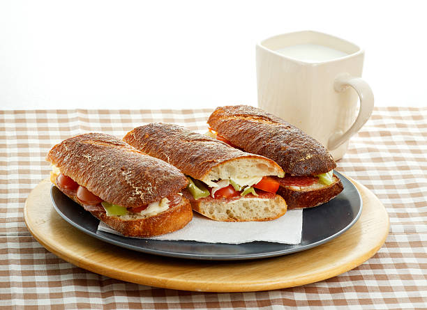 ciabatta with mug of milk stock photo