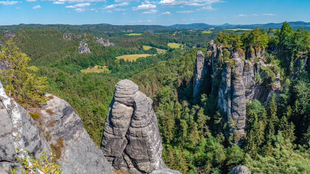 istock Panoramic over monumental Bastei sandstone pillars, rock formation and stacks surrounded by ancient forests at Kurort Rathen village in the national park Saxon Switzerland by Dresden, Saxony, Germany. 1499770638