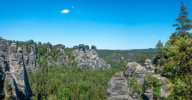 istock Panoramic view over monumental Bastei sandstone pillars and ancient bridge near Kurort Rathen village in the national park Saxon Switzerland by Dresden and Czechish border, Saxony, Germany. 1499770721