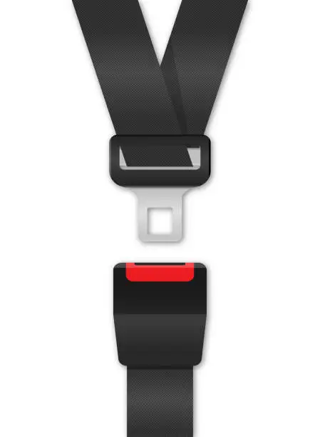 Vector illustration of Safety Passenger Seat Belt. Unblocked with Fastener and Black Strap on White Background. Vector illustration