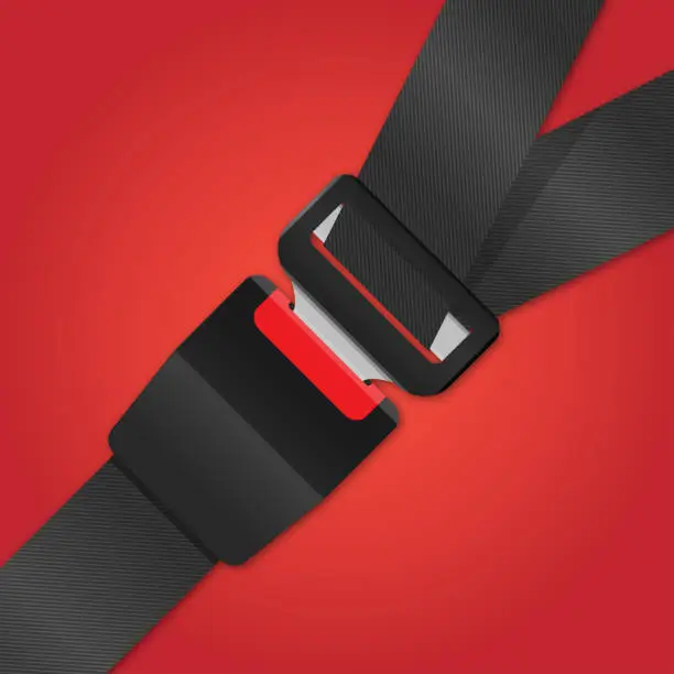 Vector illustration of Safety Passenger Seat Belt. Blocked with Fastener and Black Strap on Red Background. Vector illustration