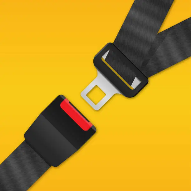 Vector illustration of Safety Passenger Seat Belt. Unblocked with Fastener and Black Strap on Yellow Background. Vector illustration