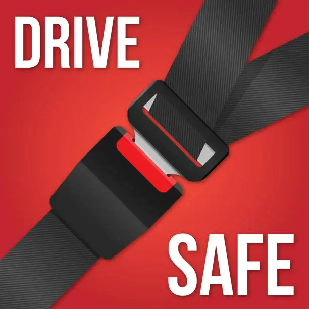 Vector illustration of Drive Safe Banner. Safety Passenger Seat Belt. Blocked with Fastener and Black Strap on Red Background. Vector illustration