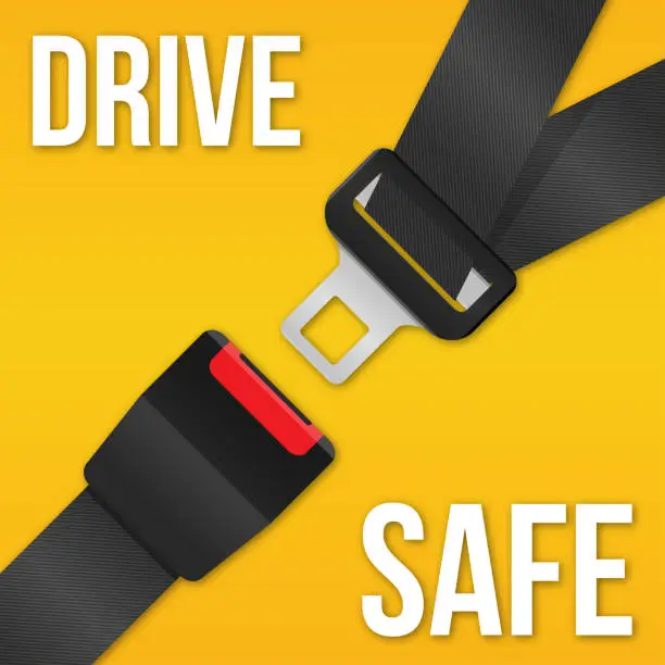 Vector illustration of Drive Safe Banner. Safety Passenger Seat Belt. Unlocked with Fastener and Black Strap on Yellow Background. Vector illustration