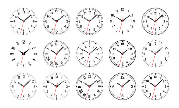 ilustrações, clipart, desenhos animados e ícones de mostradores de relógio. mostrador de relógio mecânico vazio com setas - marcas de minutos e horas. números árabes e romanos. conjunto de vetores no fundo branco - clock clock face watch isolated
