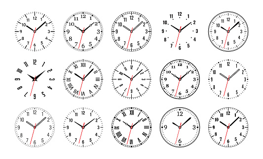 Clock Faces. Clock Dial. Empty Mechanical Watch Face With Arrows - Minute and Hour Marks. Arabic and Roman Numbers. Vector Set on White Background