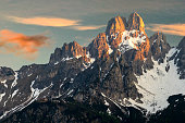 Aerial view in the Dachstein mountains with a view to Large Bischofsmütze at sunset