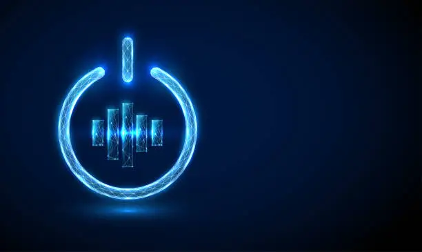 Vector illustration of Abstract blue glowing music icon in power button.