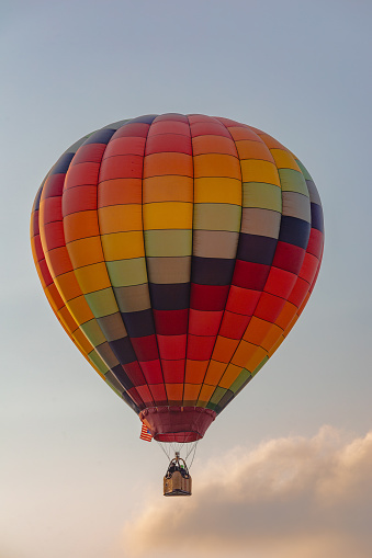 Colorful hot air balloons over green rice field.