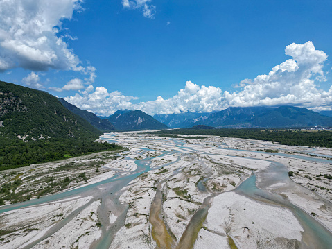 Aerial view on river Tagliamento in north-east Italy, flowing from the Alps to the Adriatic Sea