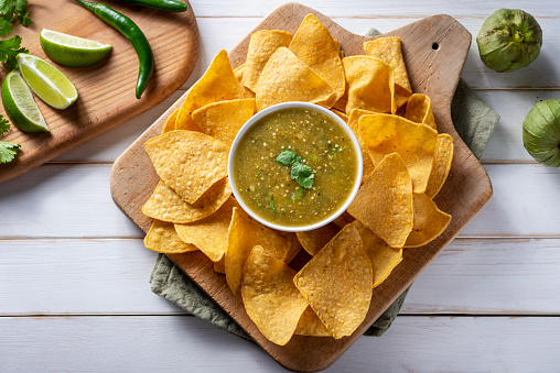 Homemade Salsa Verde with Lime, Cilantro and Tortilla Chips