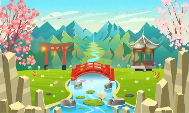 Vector illustration of Japanese red bridge across the river. Beautiful Japanese nature, red bridge, lake with water lilies, Ñherry blossoms, high mountains, gorge. Scene in cartoon style.