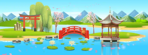 Vector illustration of Japanese garden with a river, a lake, a red bridge, arch and pergola, cherry blossoms and a stone lantern. Beautiful landscape, scene in cartoon style.