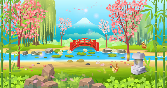 Japanese garden with a river, a lake, a red bridge, cherry blossoms and a stone lantern. Beautiful landscape, scene in cartoon style.