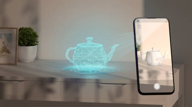white kettle hologram stand on table phone display augmented reality - mr tom imagens e fotografias de stock