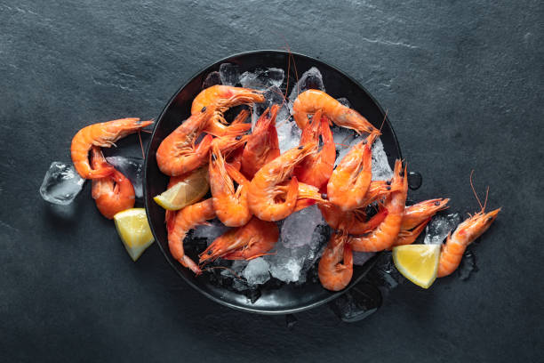 istock Top view fresh shrimps with ice and lemon top view 1499781689
