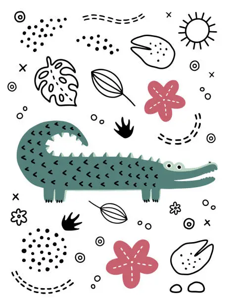 Vector illustration of Cute crocodile illustration. Jungle animals vector clipart.