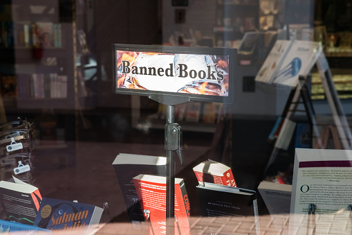 Sarasota, FL, US-September 20, 2022:  Sign in bookstore window reading 