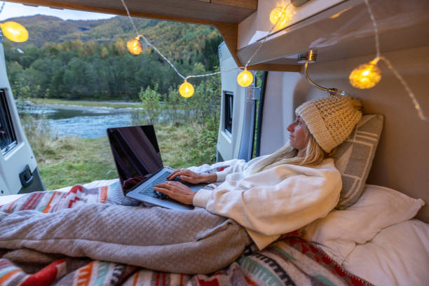 istock Woman relaxing at the back of her camper using a computer, van life concept. 1499783851