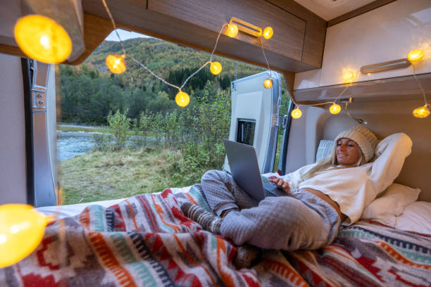 istock Woman relaxing at the back of her camper using a computer, van life concept. 1499784630