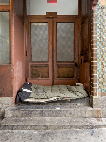 Homeless bed In a doorway