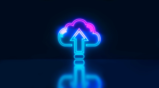 Neon cloud upload data neon sign in blue with reflection background. Cloud technology. 3d rendering
