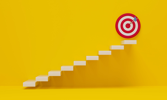 Stairs target arrow on yellow background. 3D rendering.