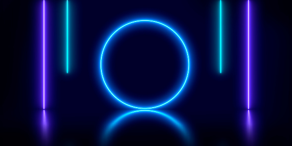 Neon blue round frame background. circle, ring shape, empty space, ultraviolet light, 80's retro style, fashion show concept.