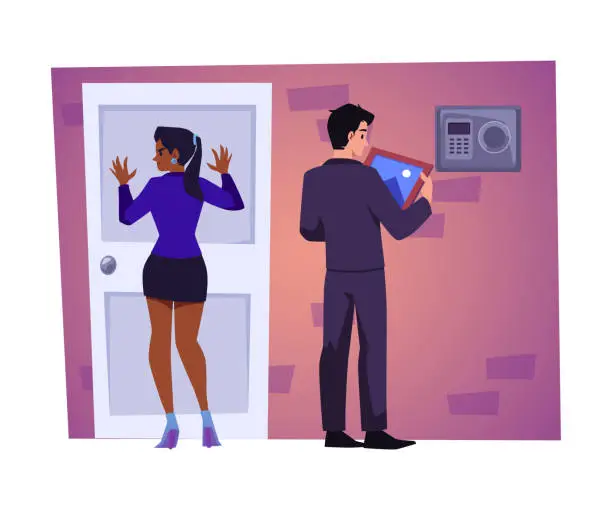 Vector illustration of Man opening safe, woman listening what's behind door flat style