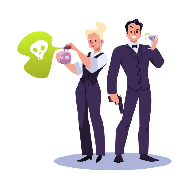 Vector illustration of Secret agents as waiters on spy mission, flat vector illustration isolated.