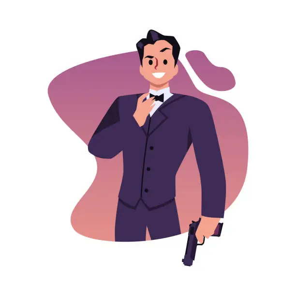 Vector illustration of Secret agent in tuxedo armed with a pistol, flat vector illustration isolated.