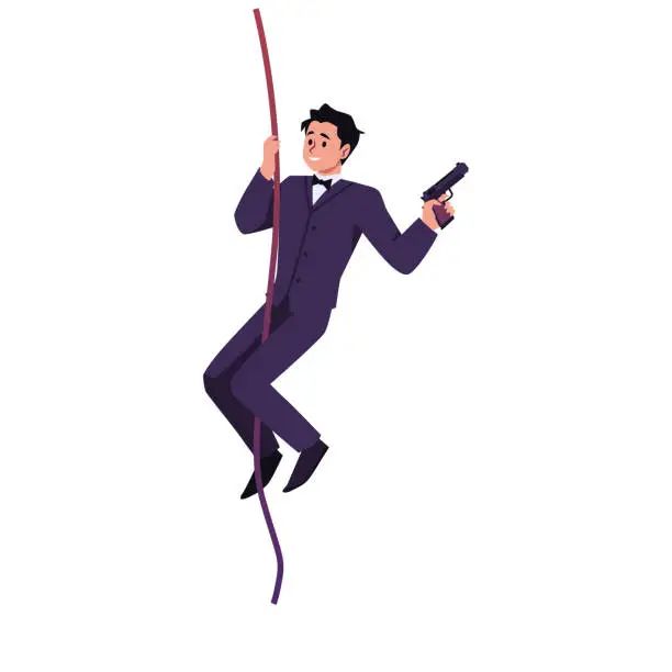 Vector illustration of Special secret agent armed with pistol descends the rope, flat vector isolated.