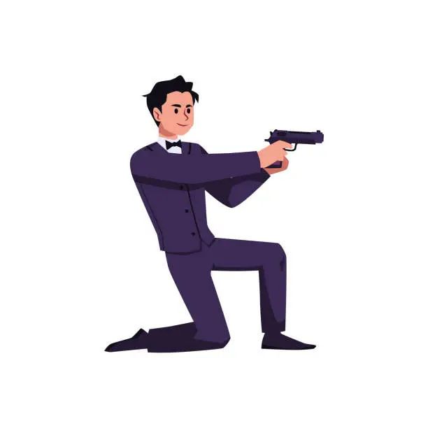 Vector illustration of Special secret agent shooting with pistol, flat vector illustration isolated.